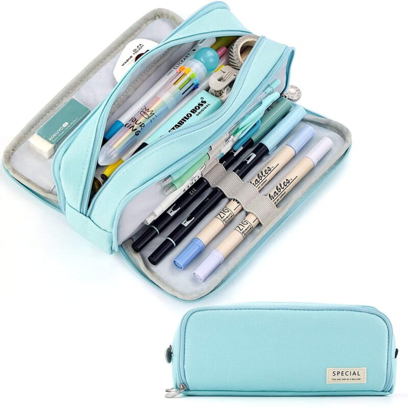 Rirool Large Capacity Pencil Case 3 Compartment Pouch Pen Bag for School Teen Girl Boy Men Women Blue