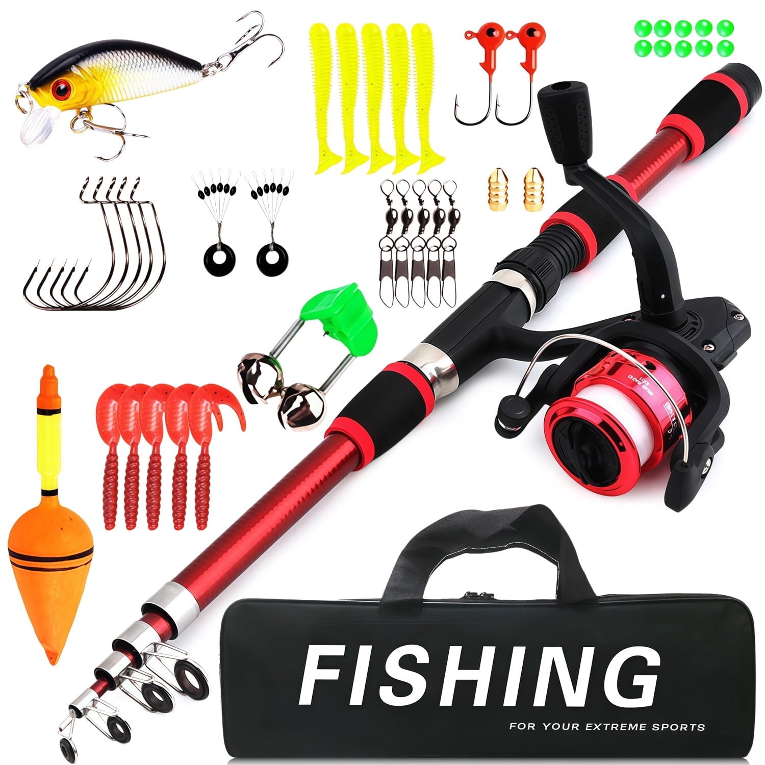 Rirool Kids Fishing Pole Set Red, 1.8m Telescopic Fishing Rod and Spinning Reel Combo with Carry Bag, Bobber, Lures, Hooks and Tackle Accessories for Family Camping Freshwater Trips