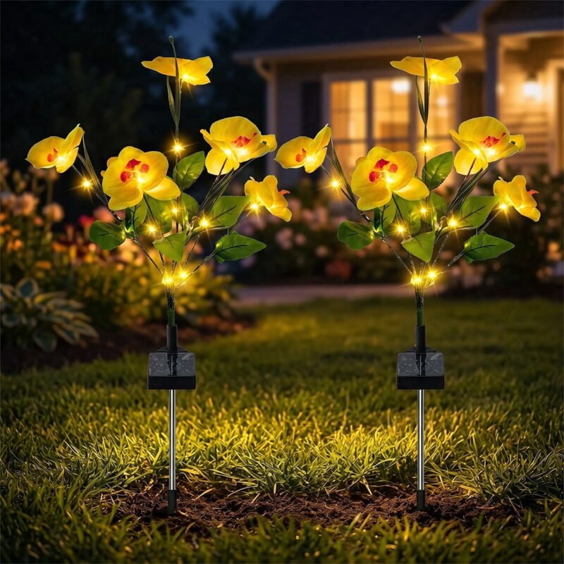 Rirool Solar Orchid Flower Garden Stake Lights, 7 Heads Warm White Solar Lights Outdoor Waterproof, Decorative Lights for Yard Lawn Patio Pathway, Yellow 2 Pack