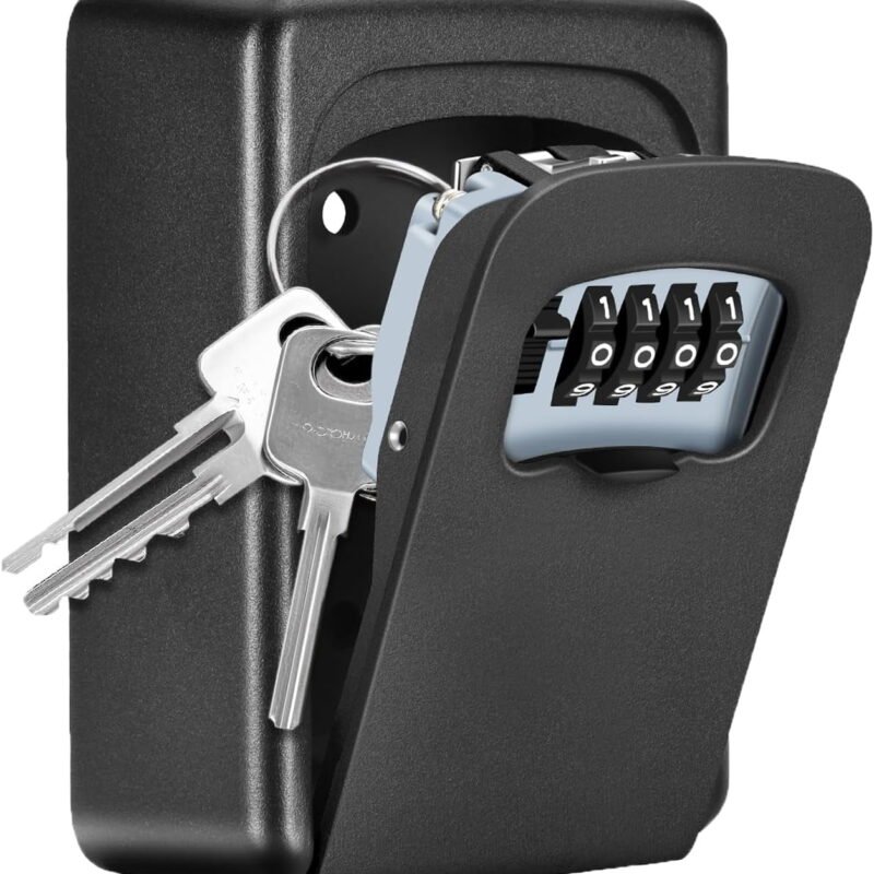 Rirool Black Key Lock Box for Wall Mount, 4-Digit Combination Key Safe with Protective Weather Cover, 5-Key Storage Capacity and Installation Hardware for Home, Rental, Office and Garage Access