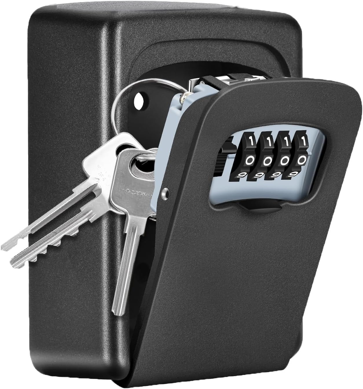 Rirool Black Key Lock Box for Wall Mount, 4-Digit Combination Key Safe with Protective Weather Cover, 5-Key Storage Capacity and Installation Hardware for Home, Rental, Office and Garage Access
