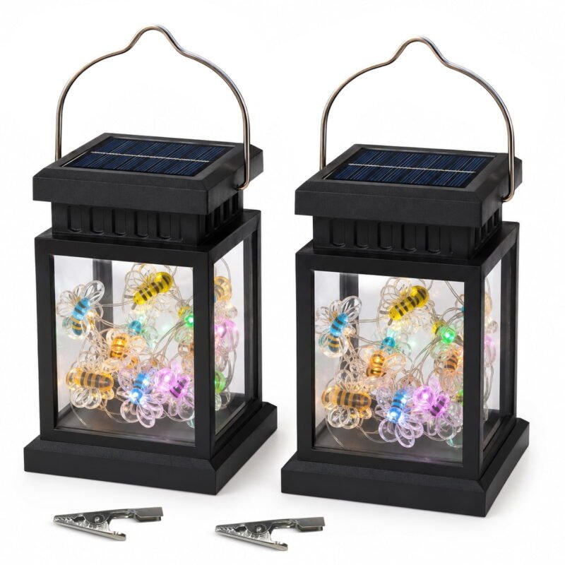 Rirool 2-Pack Solar Outdoor Hanging Lanterns with Colorful Flower and Bee LED Lights, Metal Handles, Clip-On Mounts and Automatic Dusk Glow for Patio, Garden, Camping and Wedding Decor