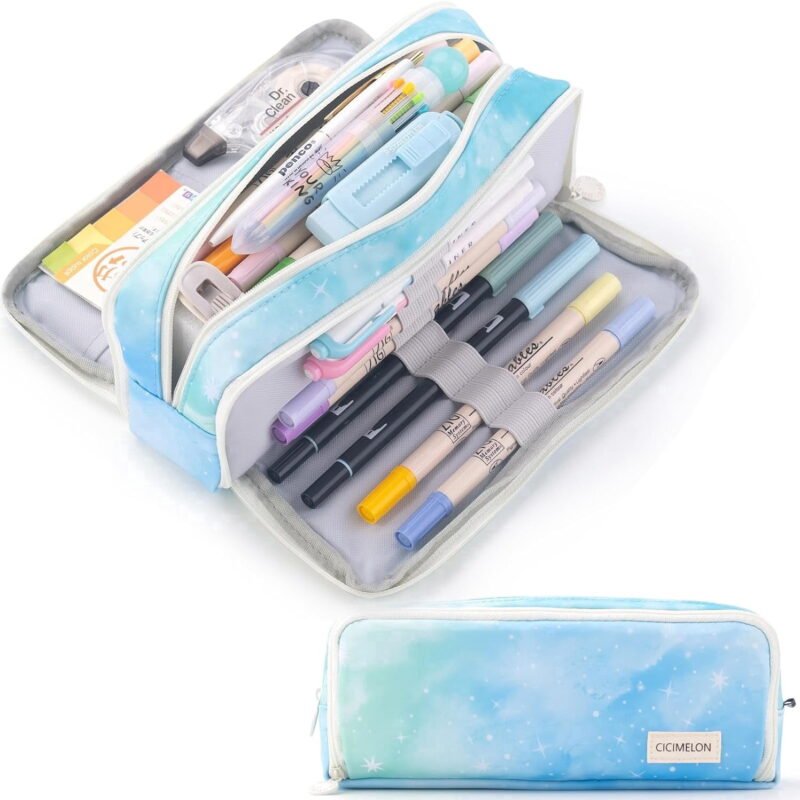 Rirool Large Capacity Pencil Case 3 Compartment Pouch Pen Bag for School Teen Girl Boy Men Women Meteorblue