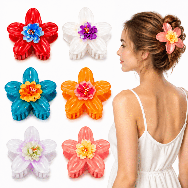 Rirool 6-Pack Double-Sided Plumeria Flower Claw Clips for Women, 3.15-Inch Colorful Large Floral Hair Clips for Buns, Half-Up Hairstyles, Beach Vacations, Parties, Weddings and Daily Wear