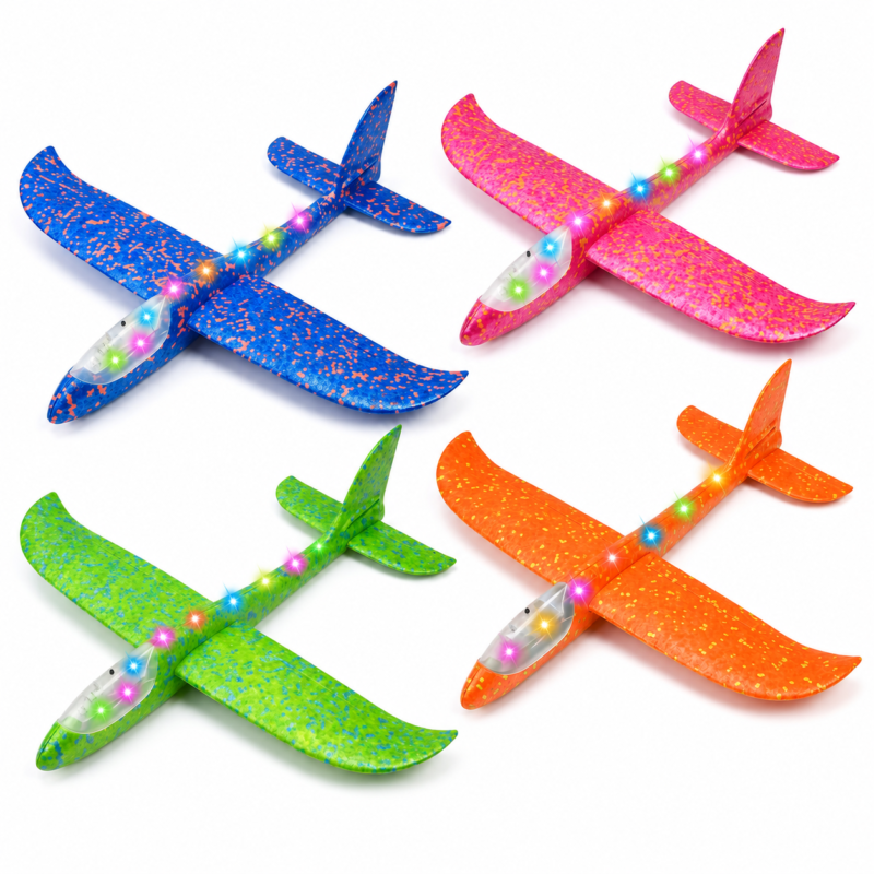 Rirool 4 Pack LED Foam Glider Airplane Toys for Kids, Light-Up Throw Planes with 2 Flight Modes, Outdoor Flying Toys for Backyard, Park and Beach, Ages 3+