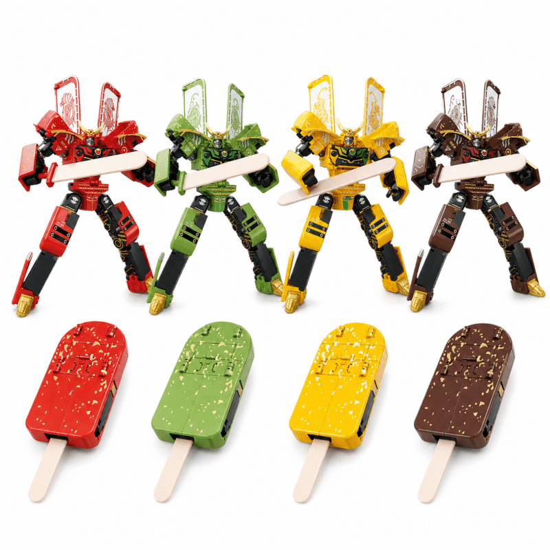 Rirool 4-Pack 2-in-1 Transforming Ice Cream Samurai Robot Action Figures with Movable Joints in Strawberry Red, Matcha Green, Mango Yellow and Chocolate Brown for Collecting and Display